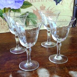Vintage Etched Glass Wine Goblets/Glasses 3 Dots Vine